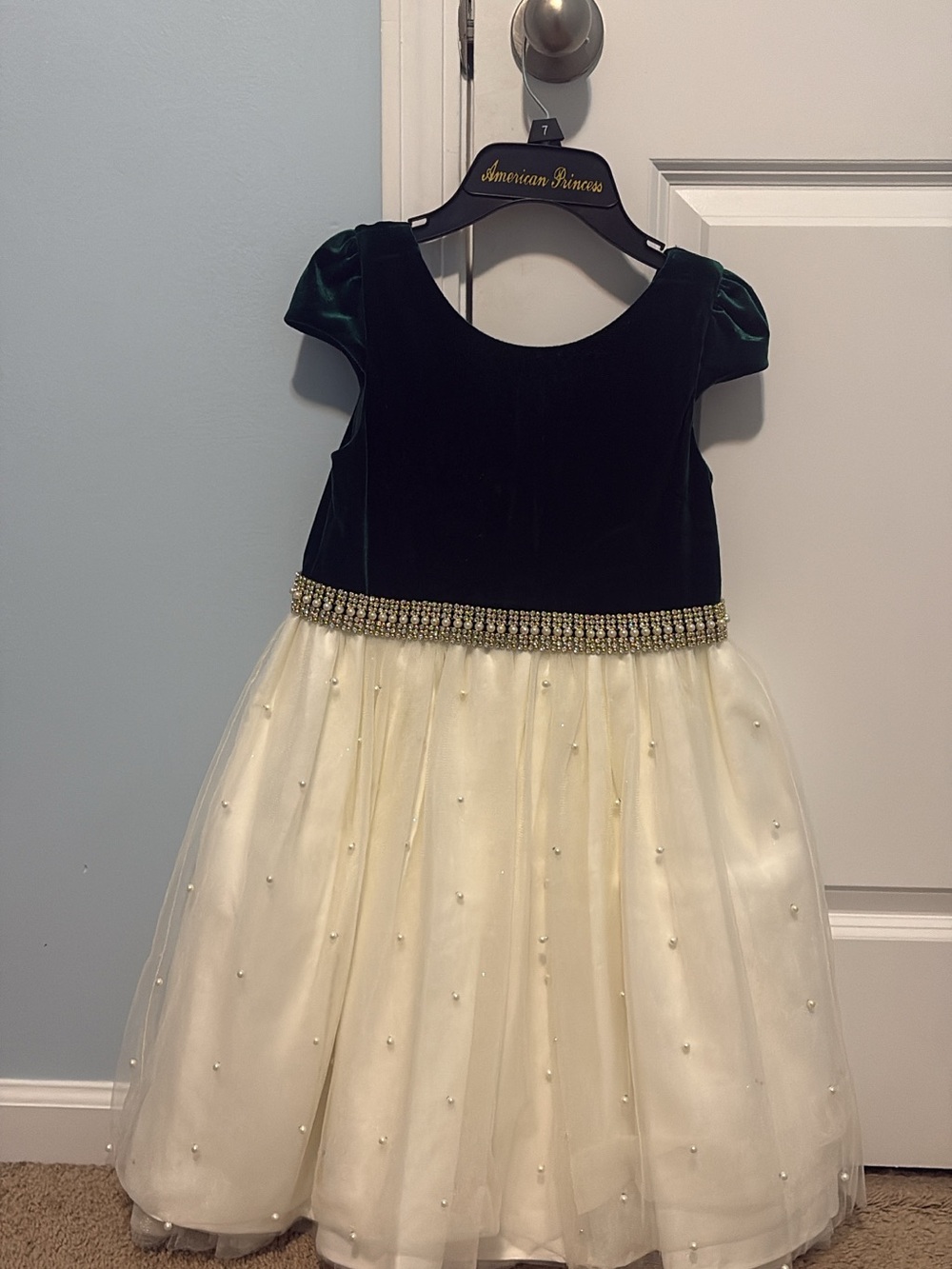 Girls Emerald Green and Ivory Pearl-Embellished Party Dress